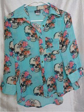 Womens Blouse Size S Floral Skull Whimsigoth Y2K Dots VTG Sheer Shirt